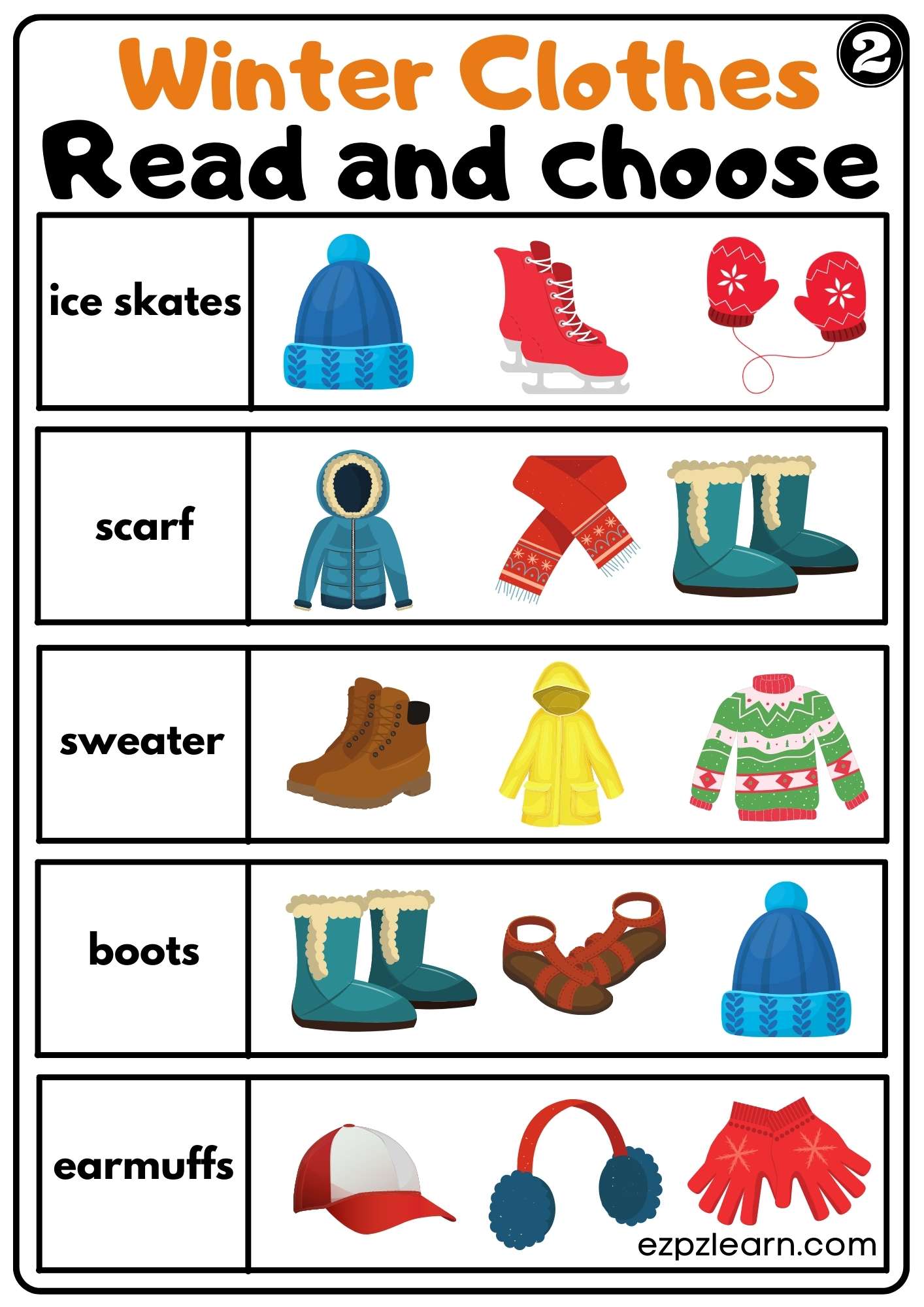 Winter Clothes Read and Choose Worksheet K5 and ESL PDF Download Set 2